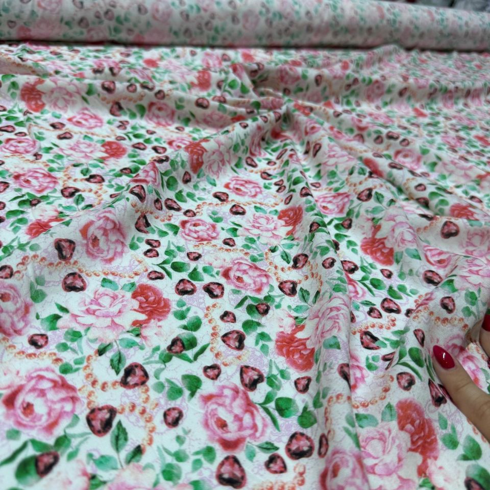 İpek Bambu Mango Şifon Kumaş Çiçek Desenli Çift En Pembe Renk