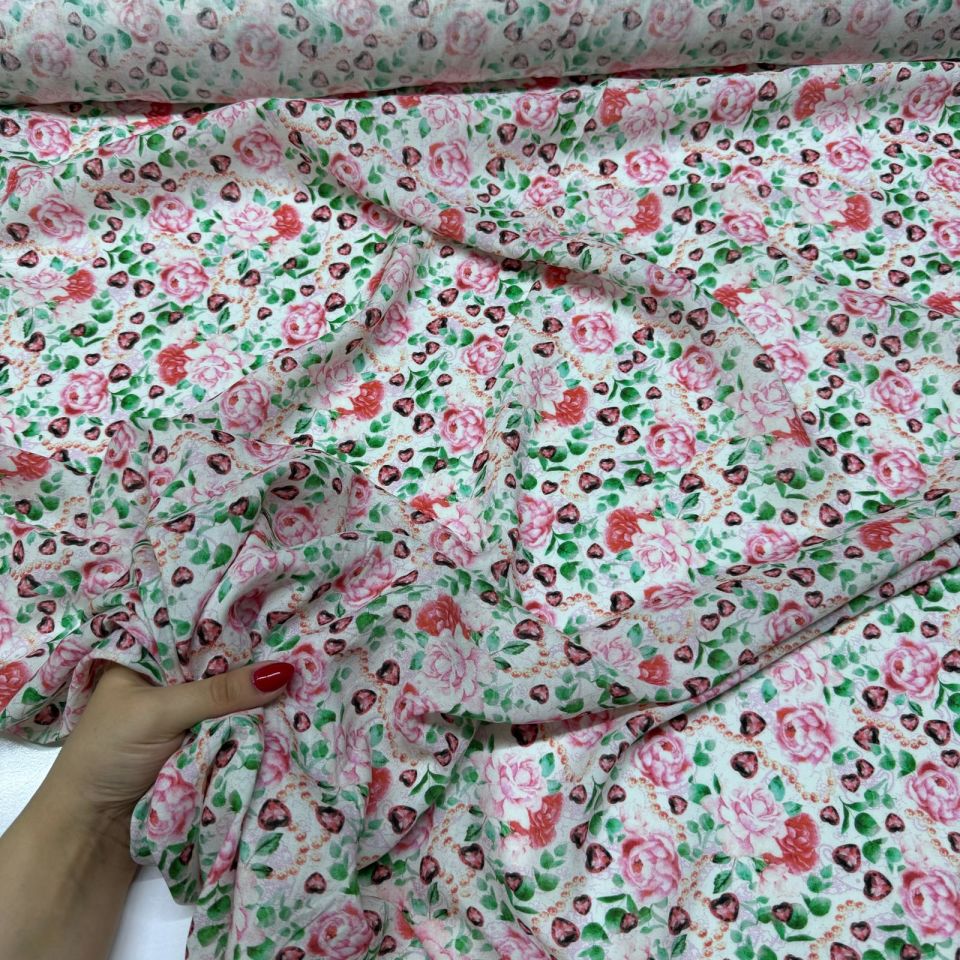 İpek Bambu Mango Şifon Kumaş Çiçek Desenli Çift En Pembe Renk