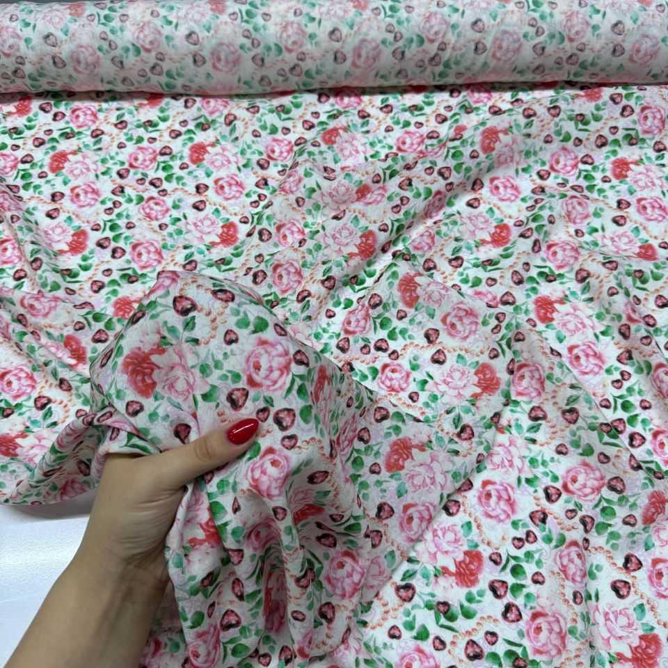 İpek Bambu Mango Şifon Kumaş Çiçek Desenli Çift En Pembe Renk