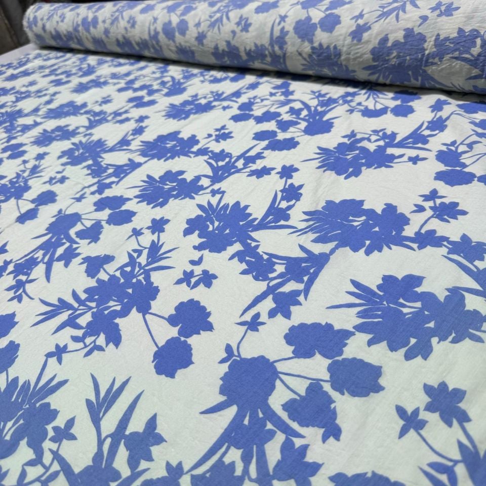 İpek Bambu Mango Şifon Kumaş Mavi Renk Çiçek Yaprak Desenli Çift En