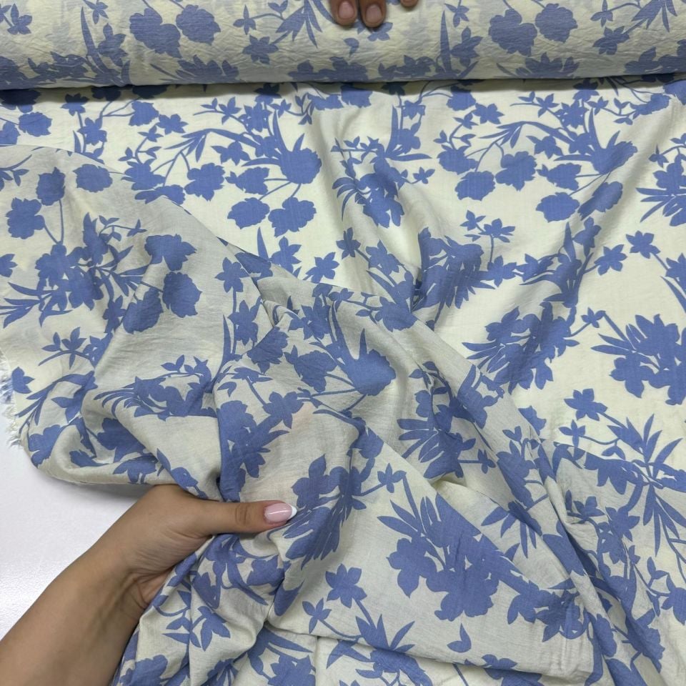 İpek Bambu Mango Şifon Kumaş Mavi Renk Çiçek Yaprak Desenli Çift En