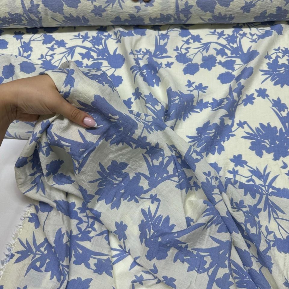 İpek Bambu Mango Şifon Kumaş Mavi Renk Çiçek Yaprak Desenli Çift En