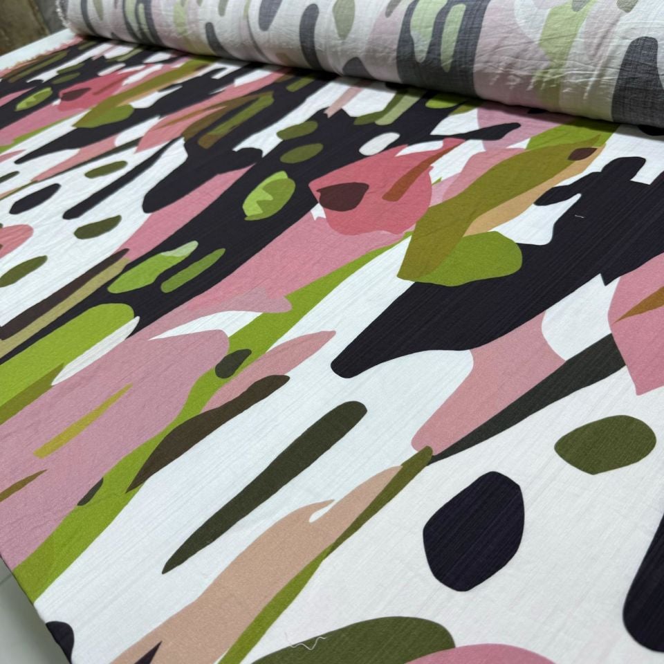 İpek Bambu Mango Şifon Kumaş Desenli Çok Renkli Çift En