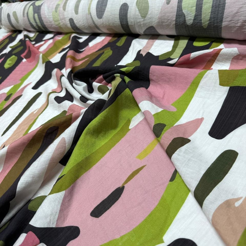 İpek Bambu Mango Şifon Kumaş Desenli Çok Renkli Çift En