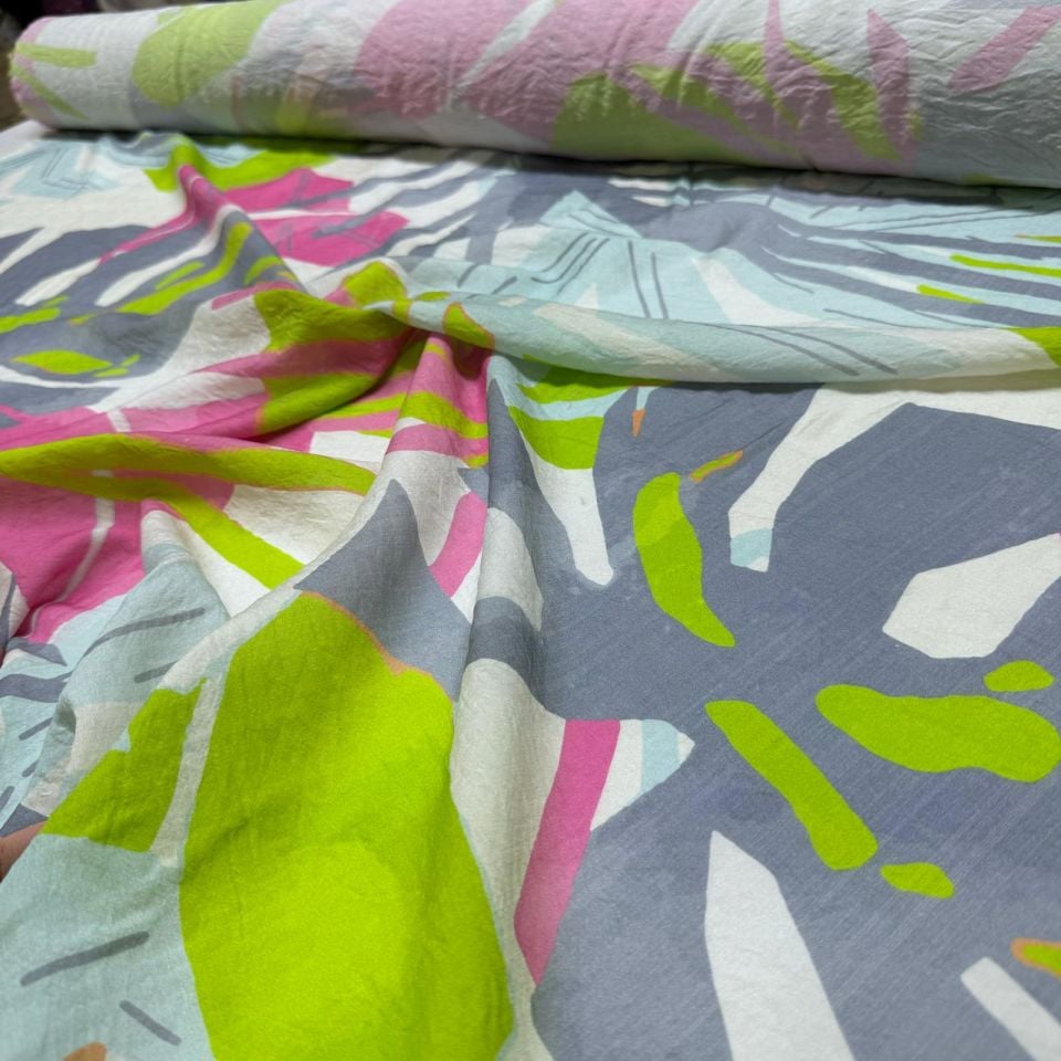 İpek Bambu Mango Şifon Kumaş Canlı Renkli Yaprak Desenli Çift En