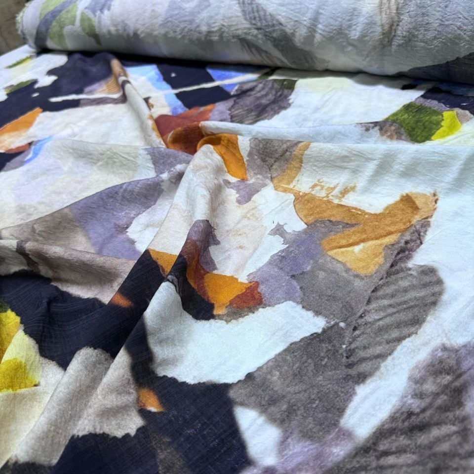 İpek Bambu Mango Şifon Kumaş Çift En Turuncu Desenli