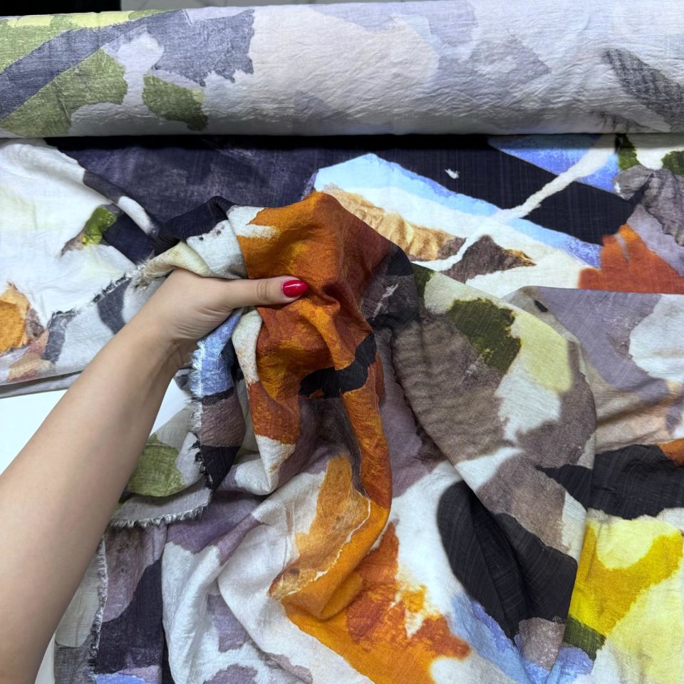 İpek Bambu Mango Şifon Kumaş Çift En Turuncu Desenli