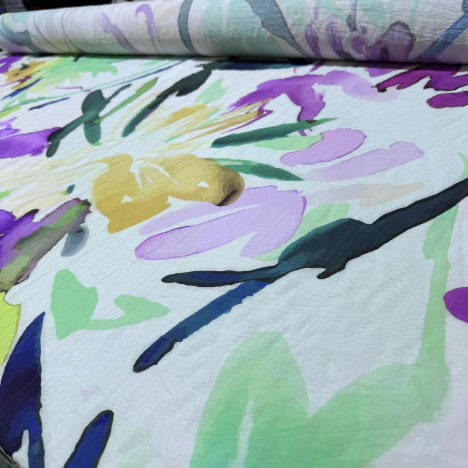 İpek Bambu Mango Şifon Kumaş Mor Çiçek Desenli Çift En