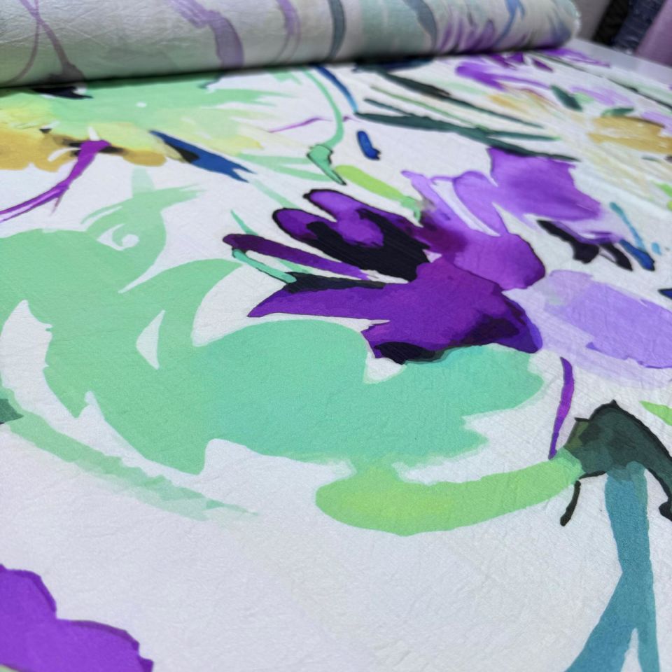 İpek Bambu Mango Şifon Kumaş Mor Çiçek Desenli Çift En