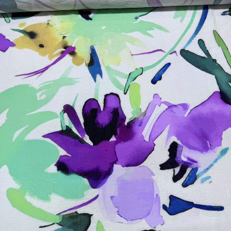 İpek Bambu Mango Şifon Kumaş Mor Çiçek Desenli Çift En