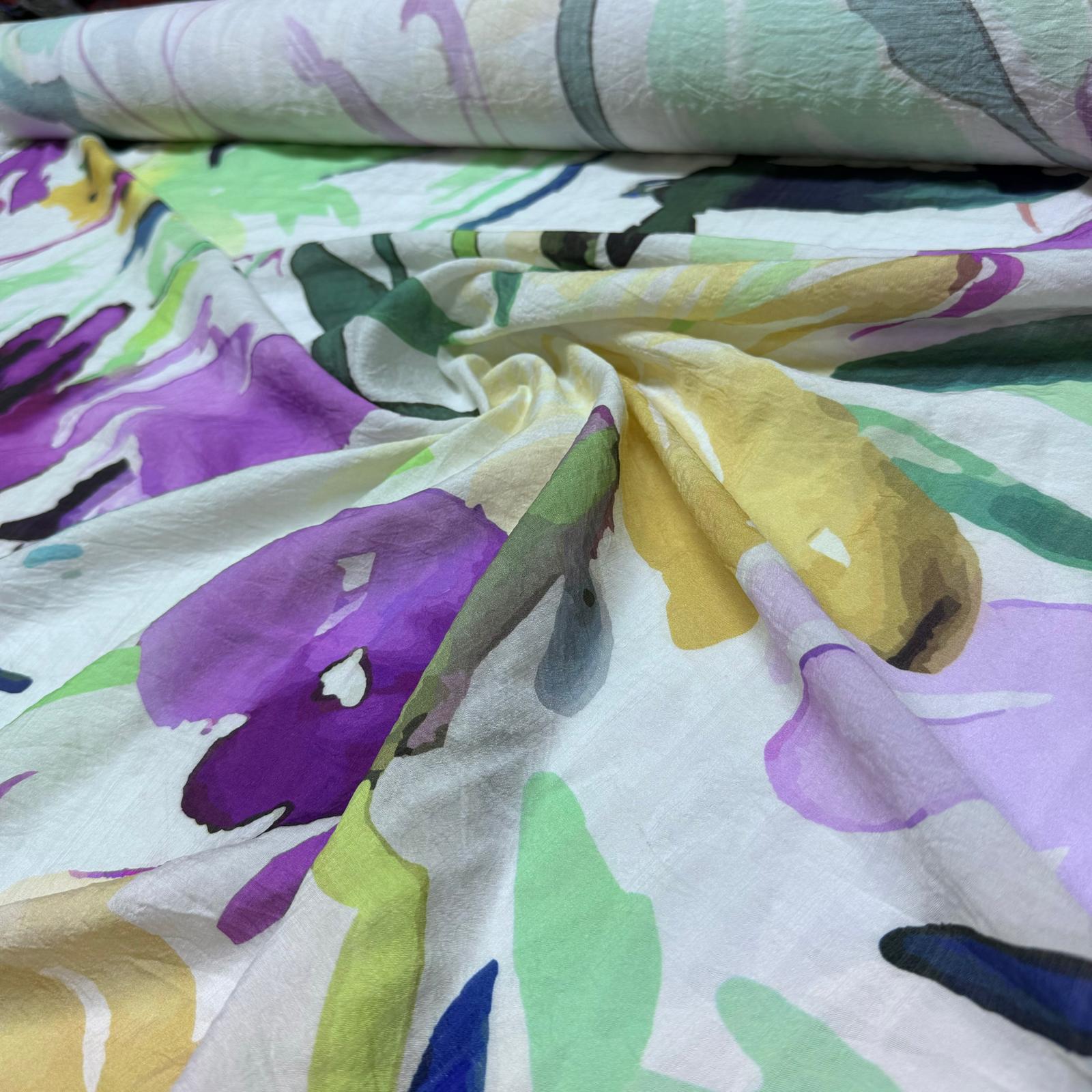İpek Bambu Mango Şifon Kumaş Mor Çiçek Desenli Çift En