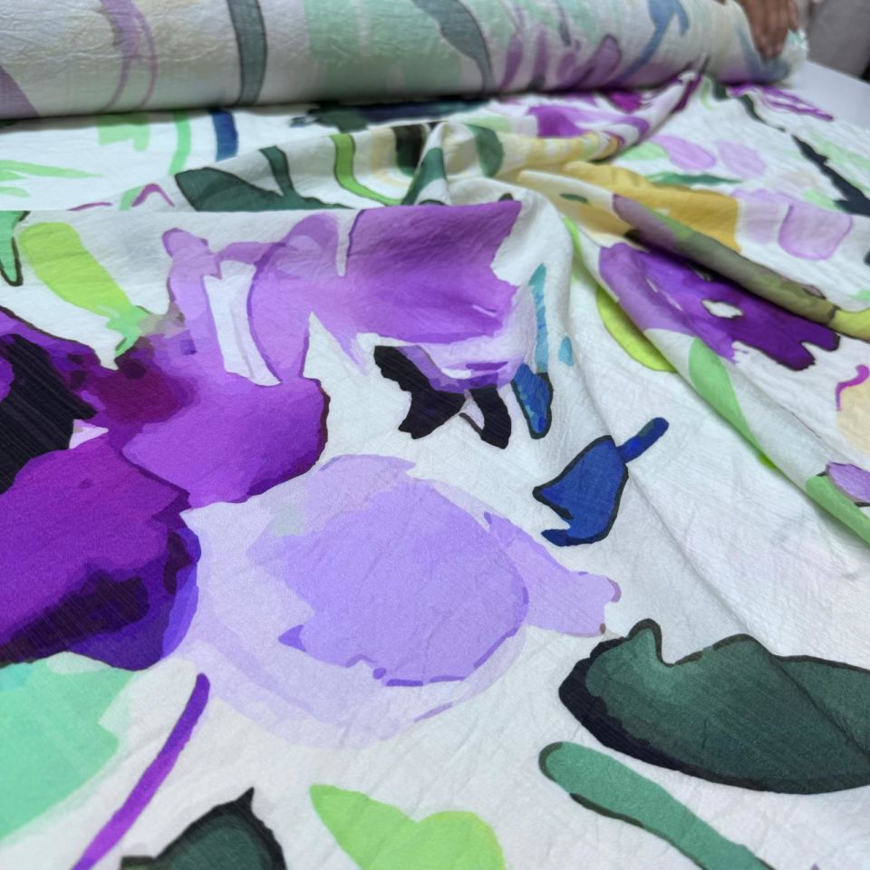 İpek Bambu Mango Şifon Kumaş Mor Çiçek Desenli Çift En