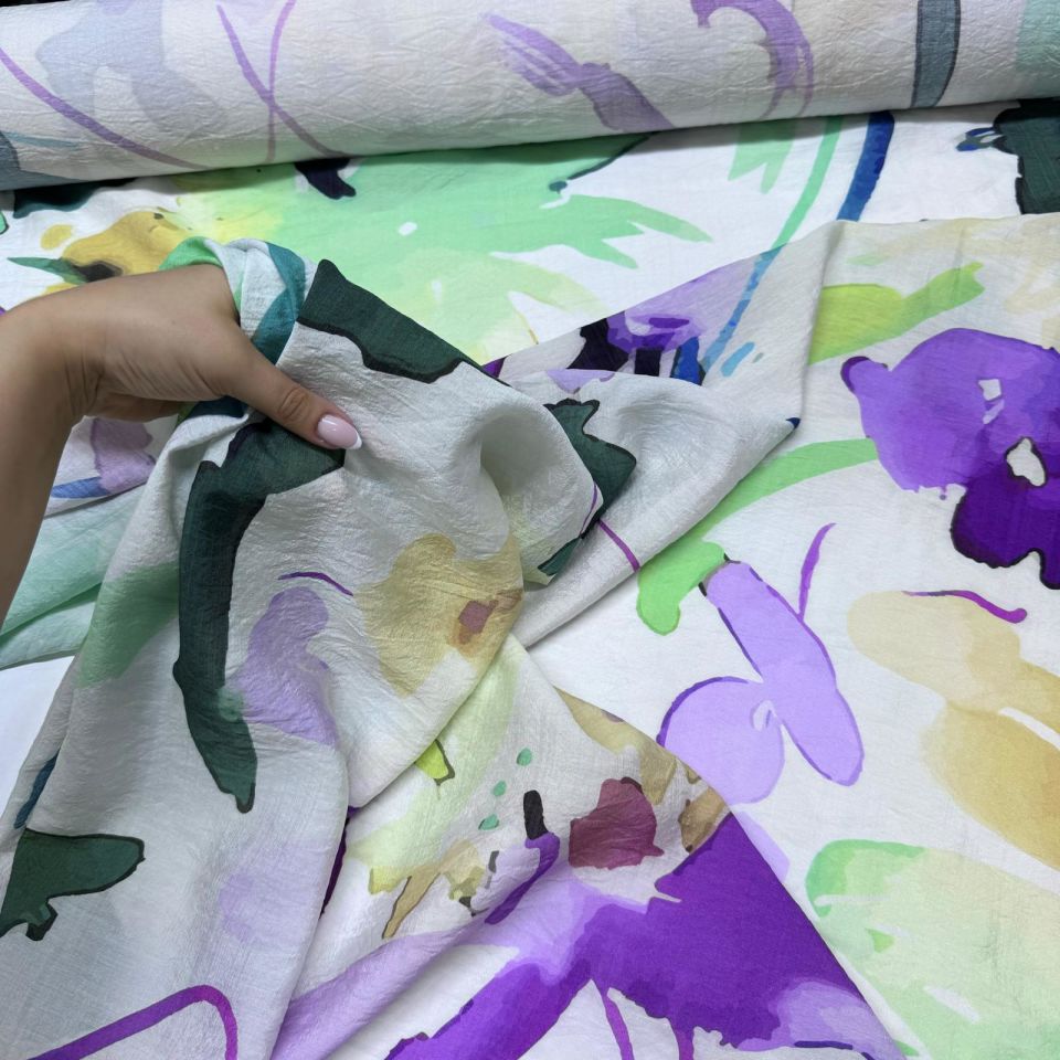 İpek Bambu Mango Şifon Kumaş Mor Çiçek Desenli Çift En