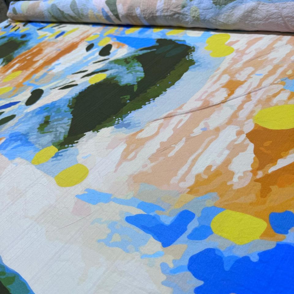 İpek Bambu Mango Şifon Kumaş Mavi Turuncu Renkli Çift En