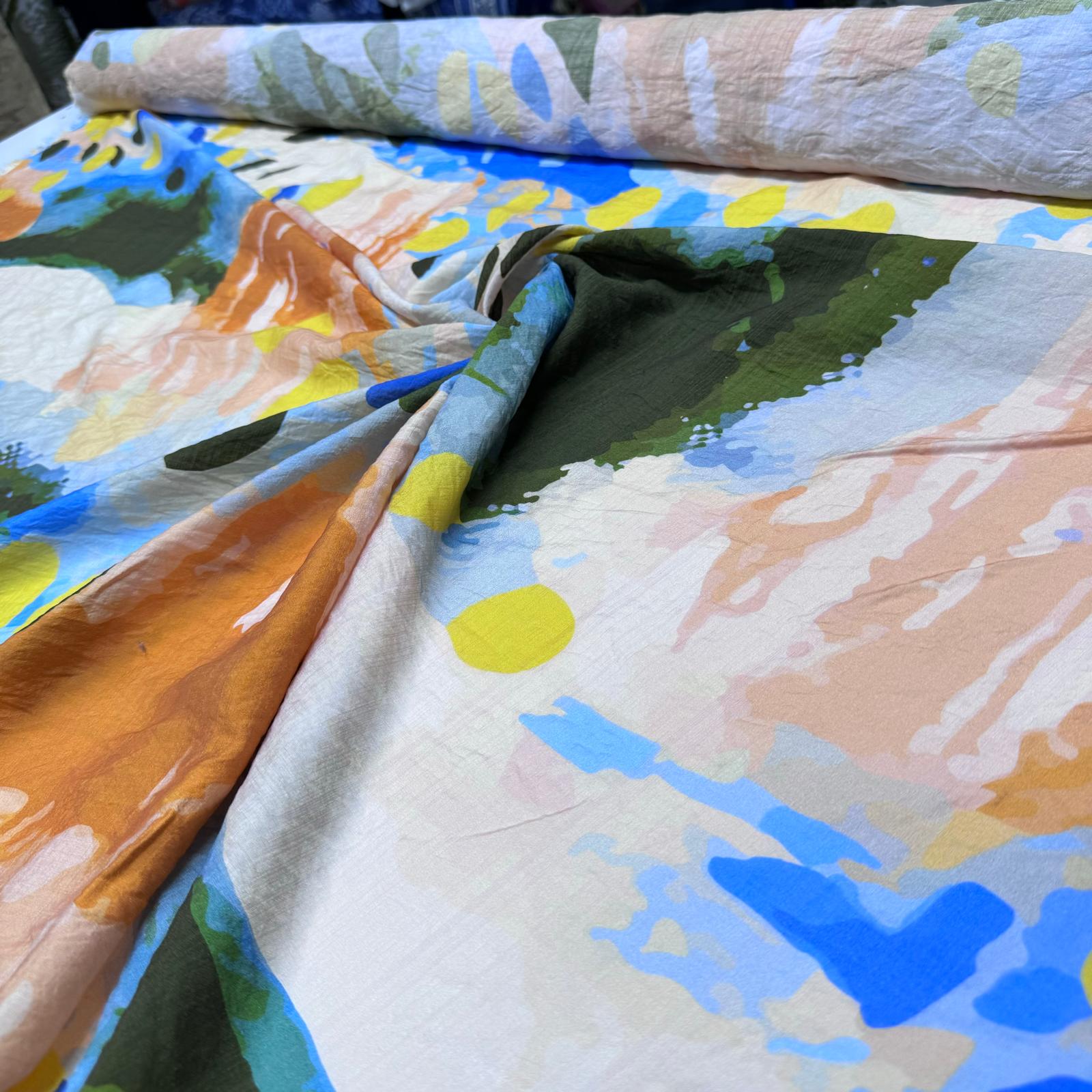 İpek Bambu Mango Şifon Kumaş Mavi Turuncu Renkli Çift En