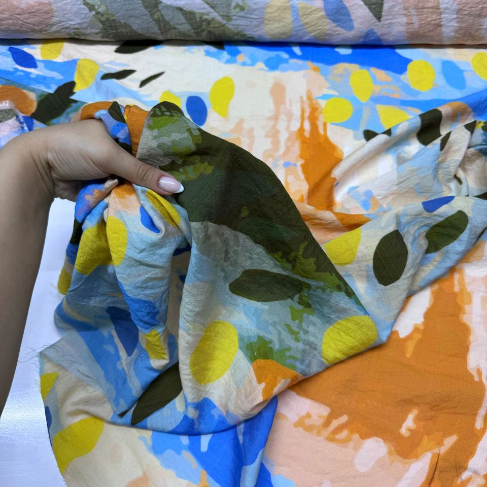 İpek Bambu Mango Şifon Kumaş Mavi Turuncu Renkli Çift En