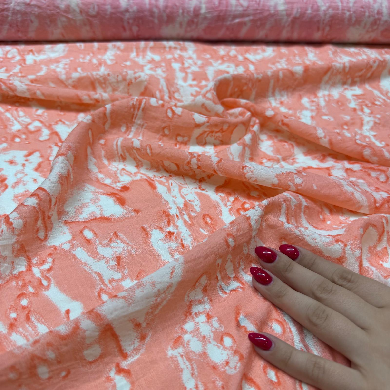 İpek Bambu Şifon Kumaş Çift En Desenli Somon Renk