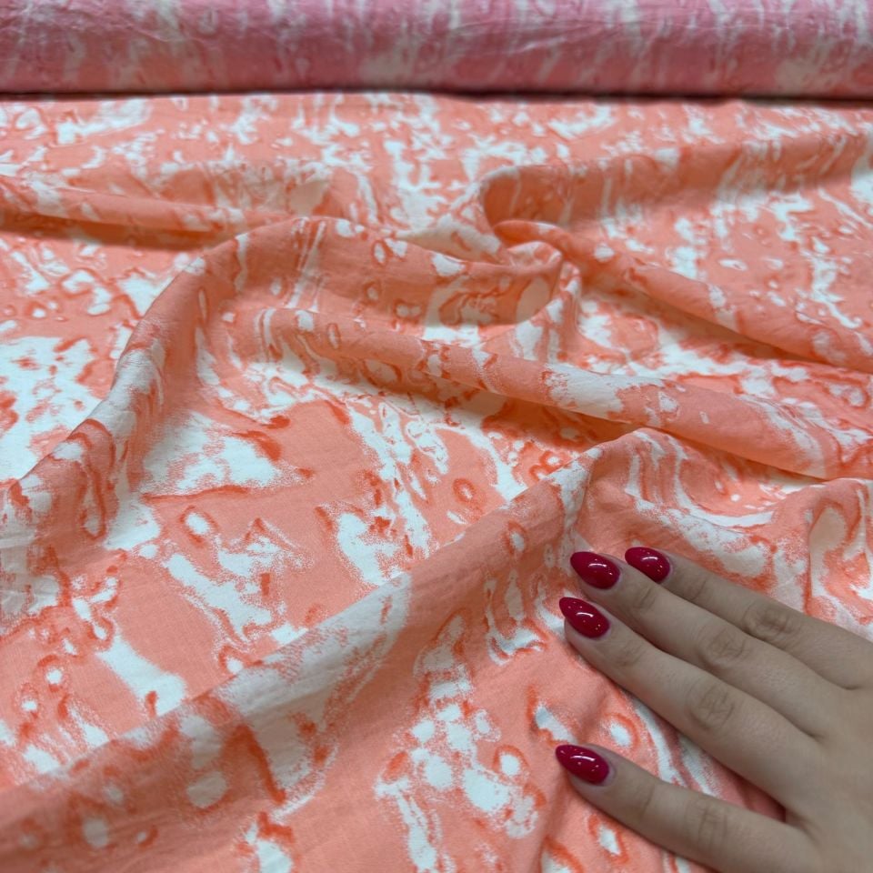 İpek Bambu Şifon Kumaş Çift En Desenli Somon Renk