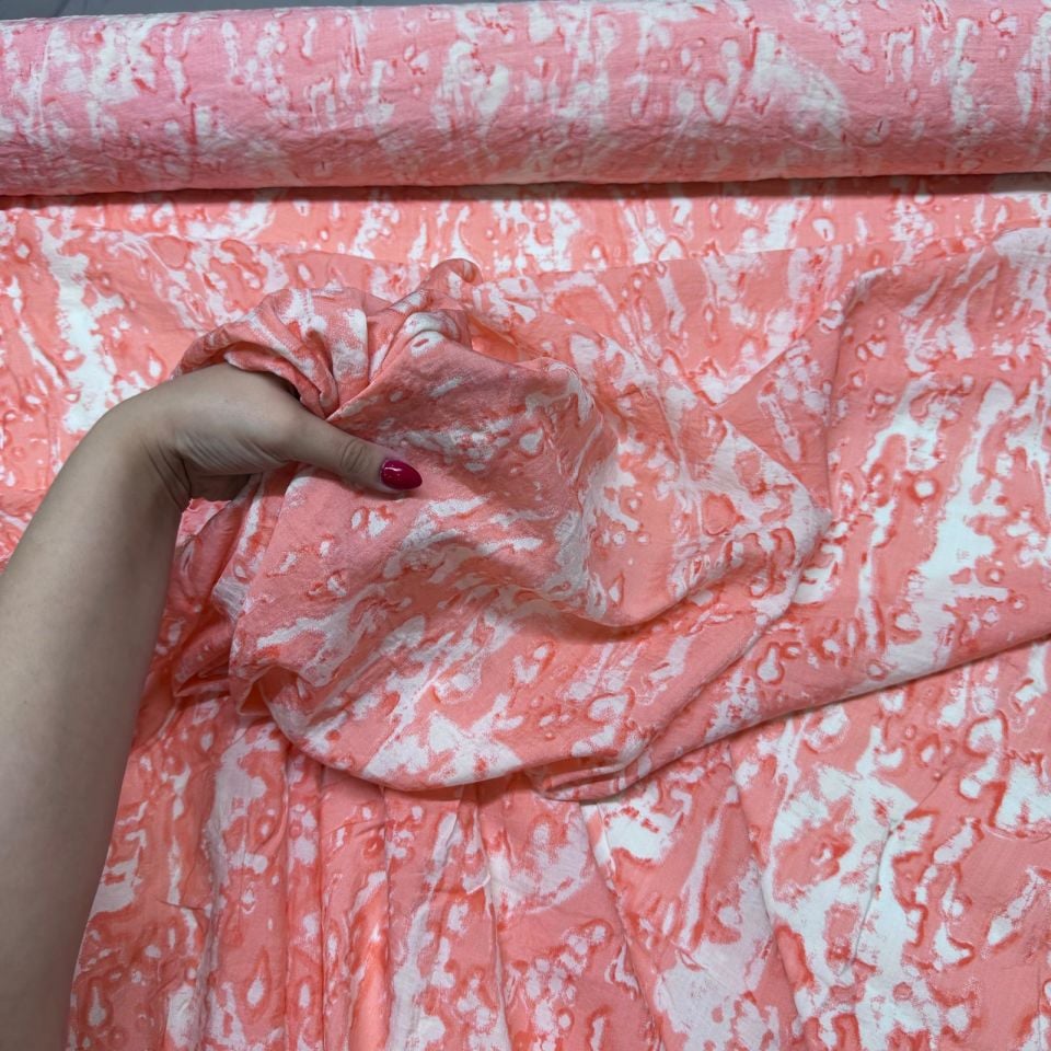 İpek Bambu Şifon Kumaş Çift En Desenli Somon Renk