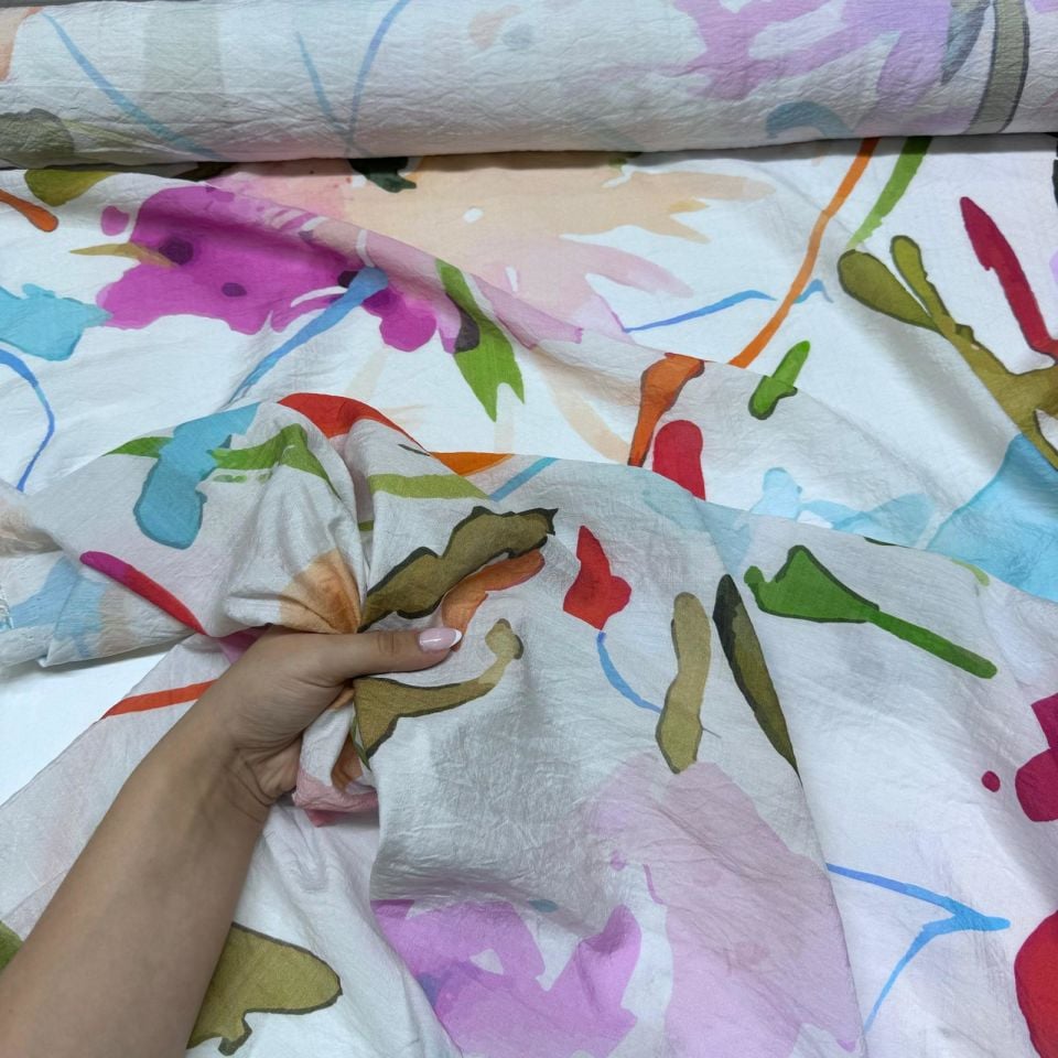 İpek Şifon Bambu Kumaş Çift En Çiçek Desenli