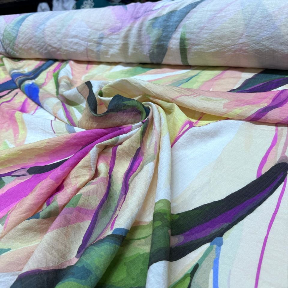 İpek Bambu Mango Şifon Kumaş Mor Renk Desenli Çift En
