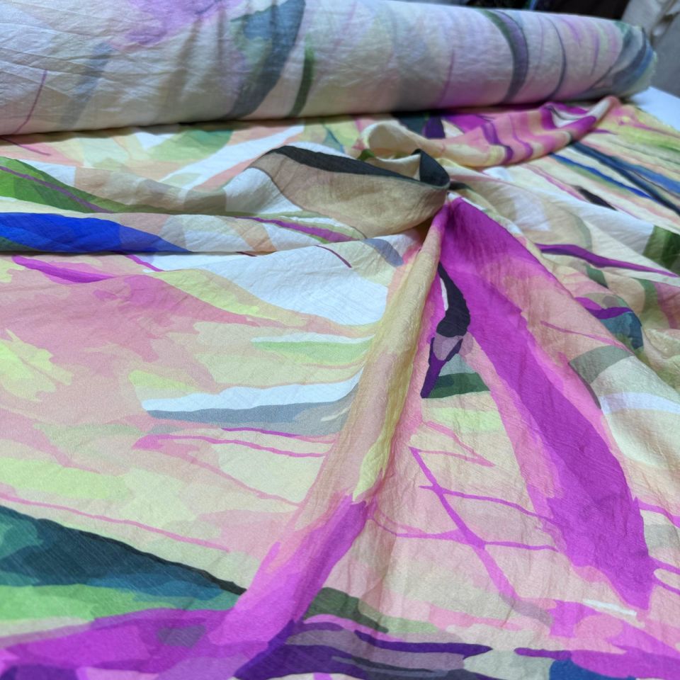 İpek Bambu Mango Şifon Kumaş Mor Renk Desenli Çift En