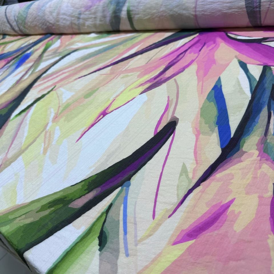 İpek Bambu Mango Şifon Kumaş Mor Renk Desenli Çift En