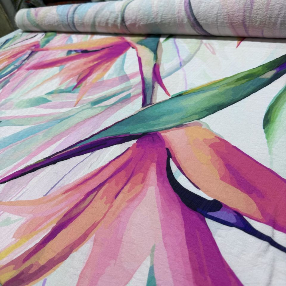 İpek Bambu Mango Şifon Kumaş Pembe Mavi Çiçek Desenli Çift En