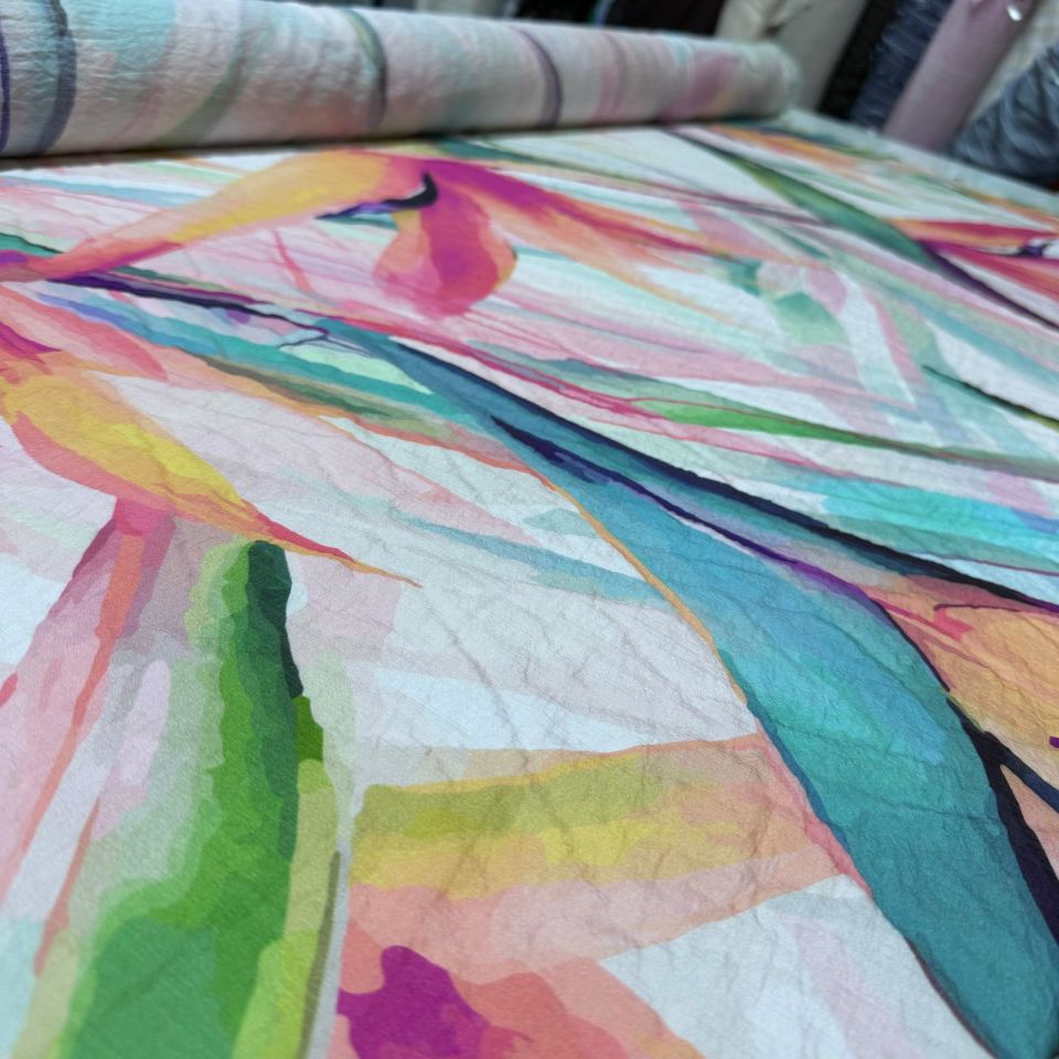 İpek Bambu Mango Şifon Kumaş Pembe Mavi Çiçek Desenli Çift En