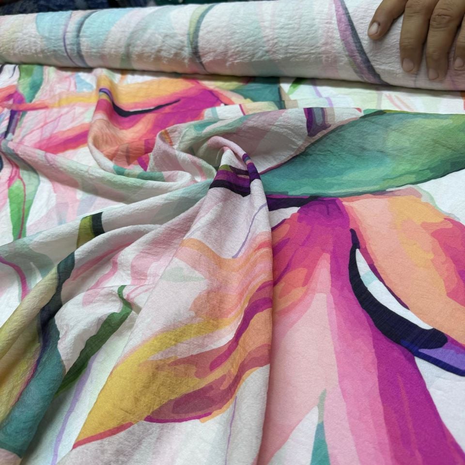 İpek Bambu Mango Şifon Kumaş Pembe Mavi Çiçek Desenli Çift En