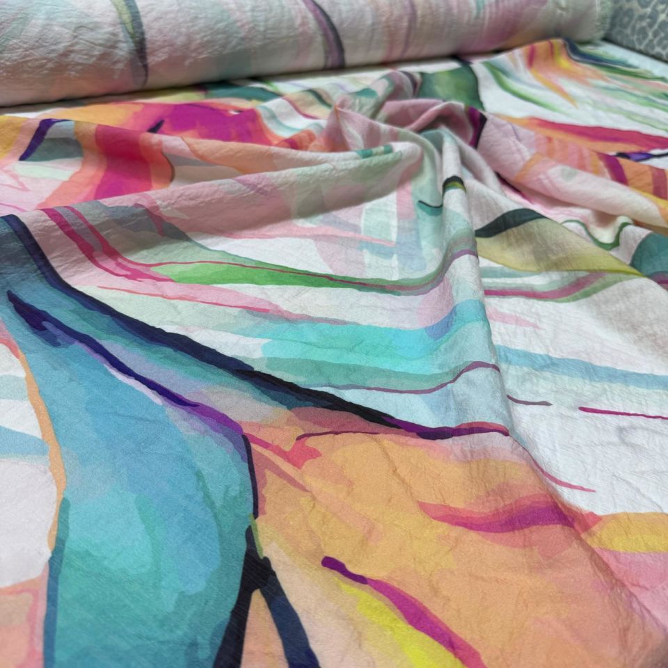 İpek Bambu Mango Şifon Kumaş Pembe Mavi Çiçek Desenli Çift En