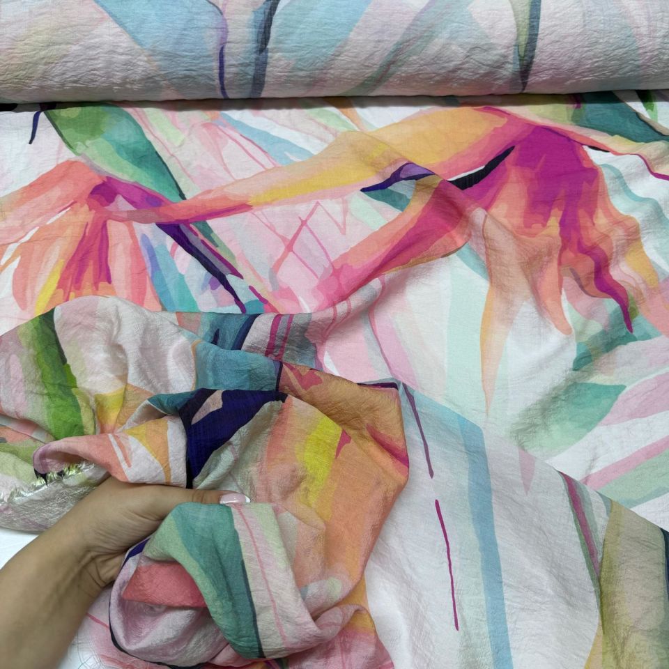 İpek Bambu Mango Şifon Kumaş Pembe Mavi Çiçek Desenli Çift En