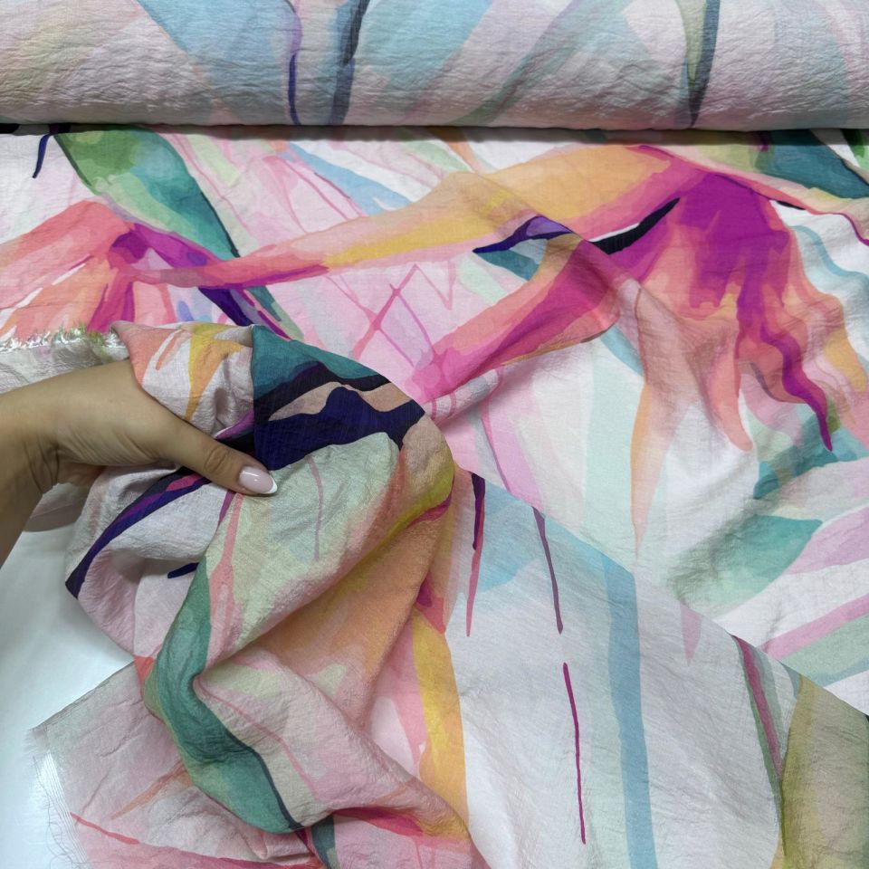 İpek Bambu Mango Şifon Kumaş Pembe Mavi Çiçek Desenli Çift En