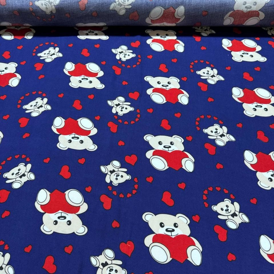 İthal Viskon Kumaş %100 Pamuk Çift En Lacivert Ayıcık Desen