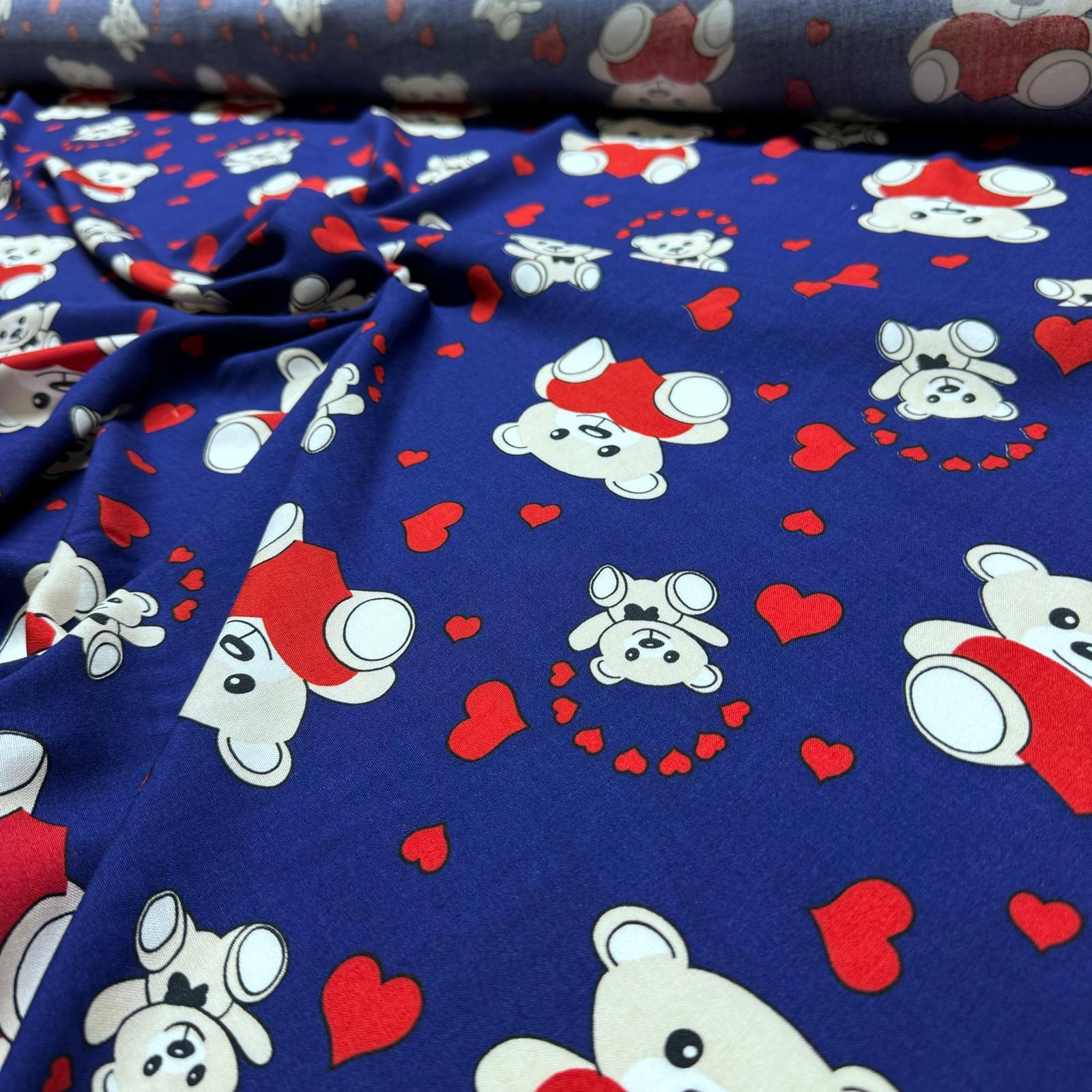 İthal Viskon Kumaş %100 Pamuk Çift En Lacivert Ayıcık Desen