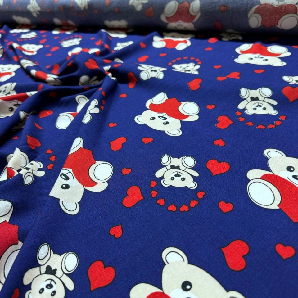 İthal Viskon Kumaş %100 Pamuk Çift En Lacivert Ayıcık Desen