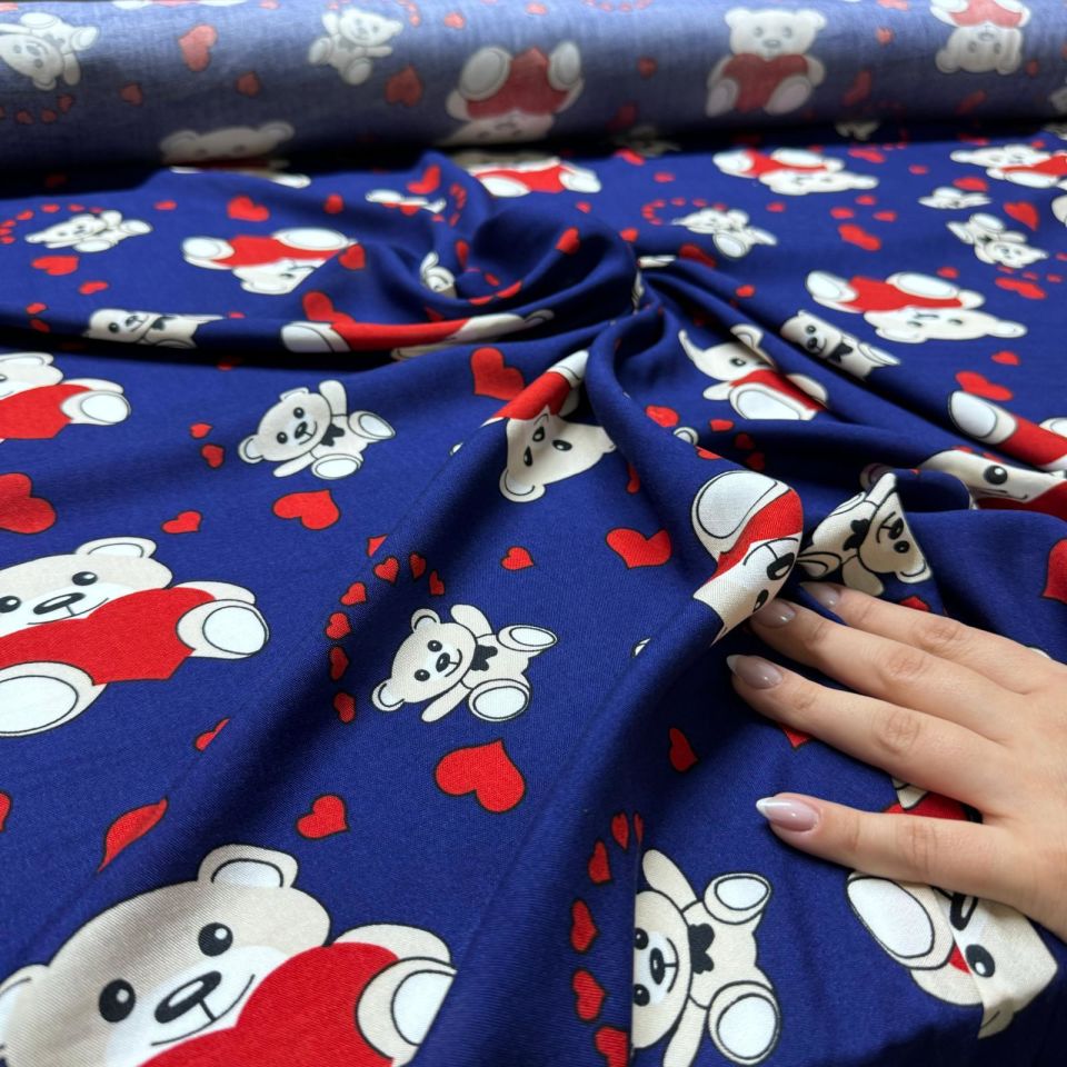 İthal Viskon Kumaş %100 Pamuk Çift En Lacivert Ayıcık Desen