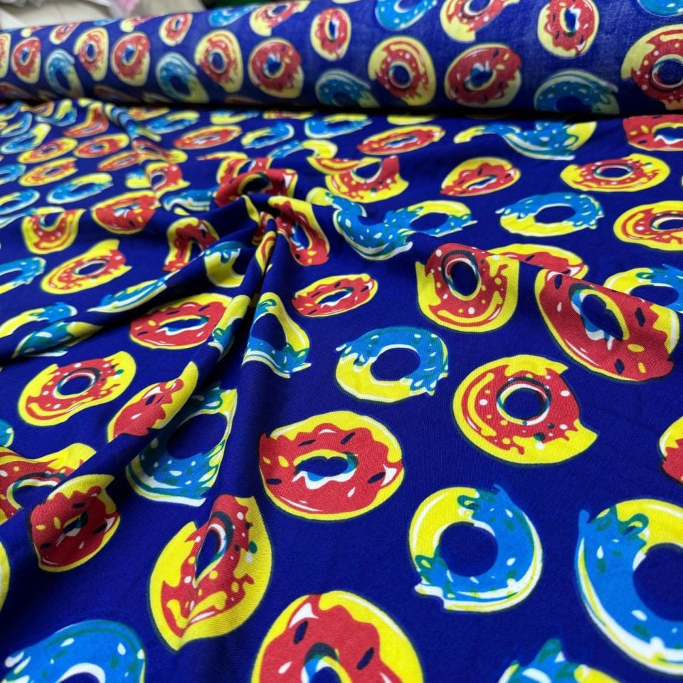 İthal Viskon Kumaş %100 Pamuk Renkli Donut Desenli Çift En