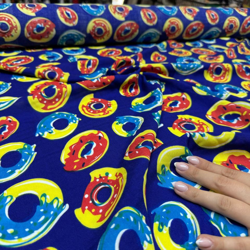 İthal Viskon Kumaş %100 Pamuk Renkli Donut Desenli Çift En