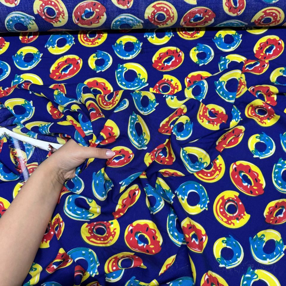 İthal Viskon Kumaş %100 Pamuk Renkli Donut Desenli Çift En