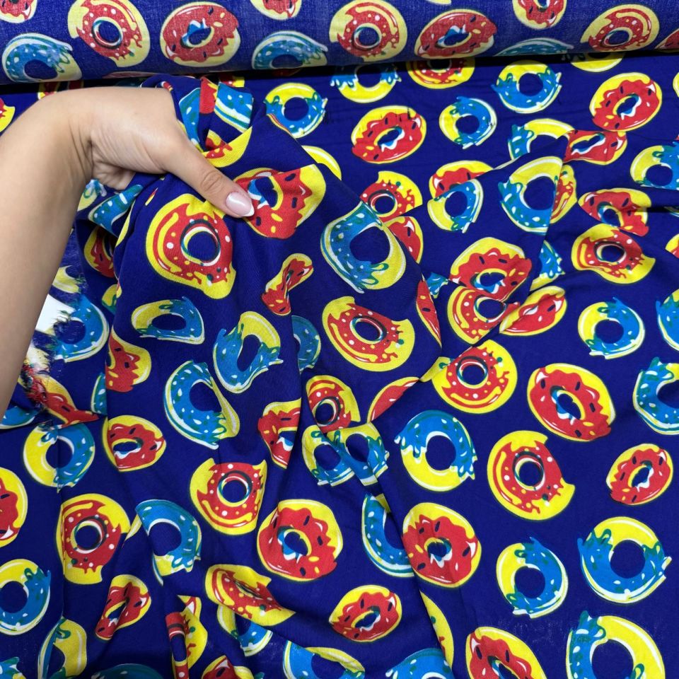 İthal Viskon Kumaş %100 Pamuk Renkli Donut Desenli Çift En