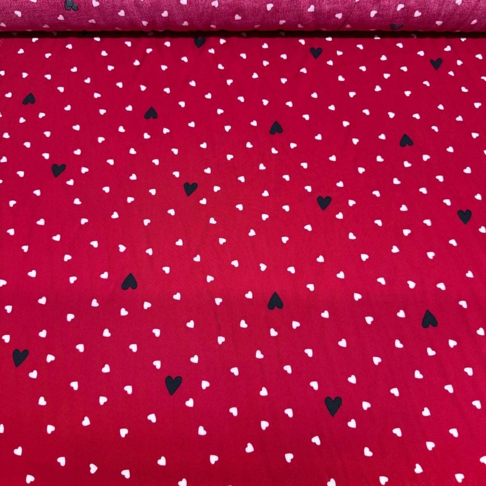 İthal Viskon Kumaş Çift En %100 Pamuk Kırmızı Kalp Desenli