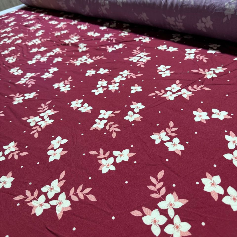 Belmando Viskon Kumaş %100 Pamuk Bordo Çiçek Desenli Çift En
