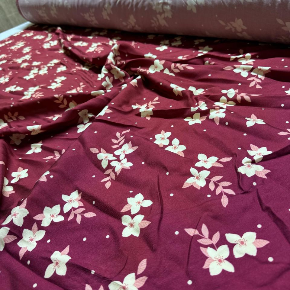 Belmando Viskon Kumaş %100 Pamuk Bordo Çiçek Desenli Çift En