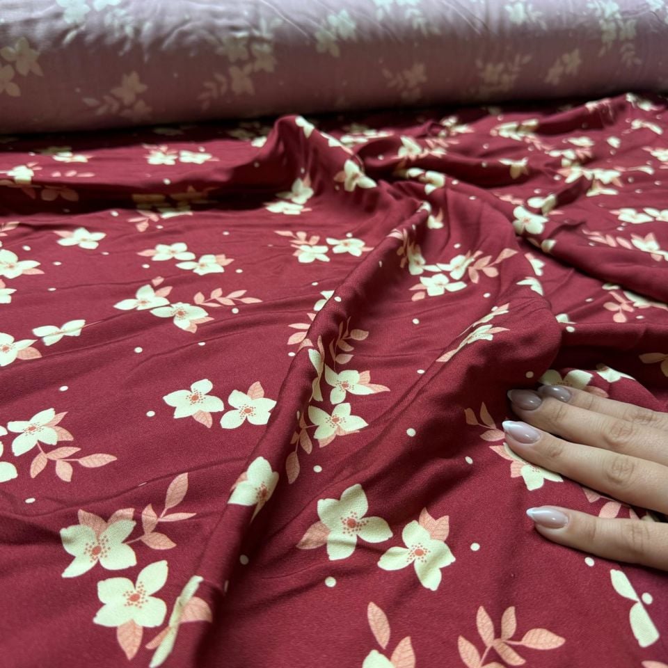 Belmando Viskon Kumaş %100 Pamuk Bordo Çiçek Desenli Çift En