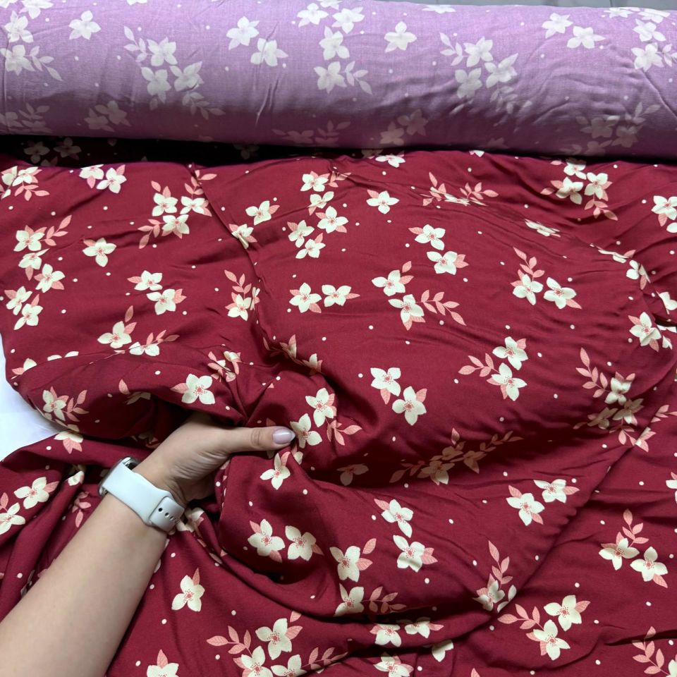 Belmando Viskon Kumaş %100 Pamuk Bordo Çiçek Desenli Çift En