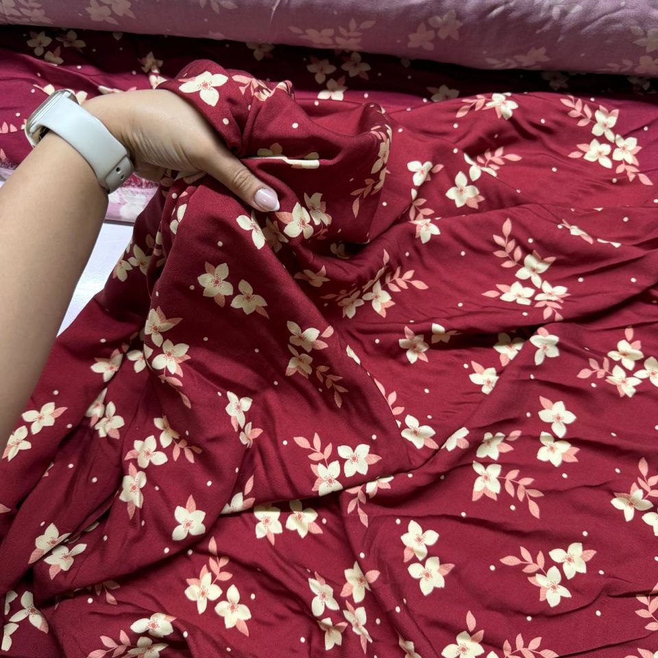 Belmando Viskon Kumaş %100 Pamuk Bordo Çiçek Desenli Çift En