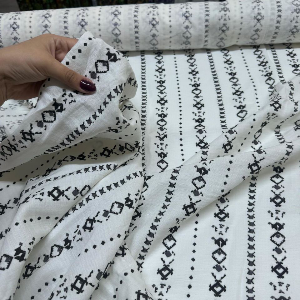 Organik Çift Kat Müslin Kumaş Etnik Desenli %100 Pamuk Siyah Beyaz
