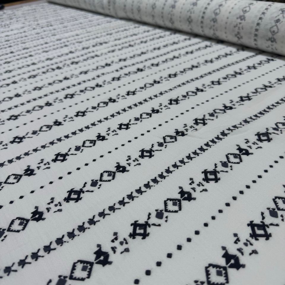 Organik Çift Kat Müslin Kumaş Etnik Desenli %100 Pamuk Siyah Beyaz