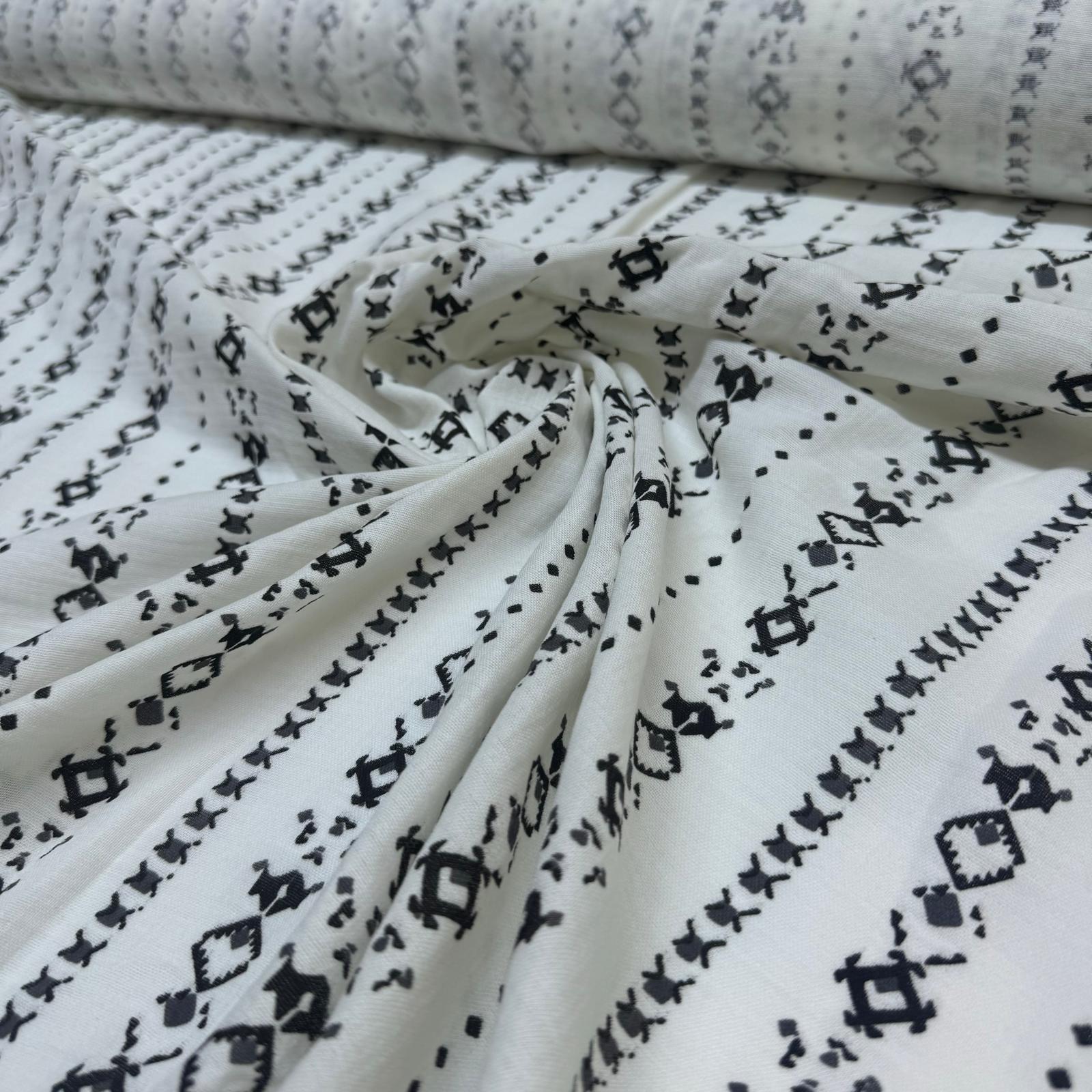 Organik Çift Kat Müslin Kumaş Etnik Desenli %100 Pamuk Siyah Beyaz